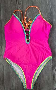 Popvil Pink Color Block Trim Deep V-Neck One-Piece Swimsuit